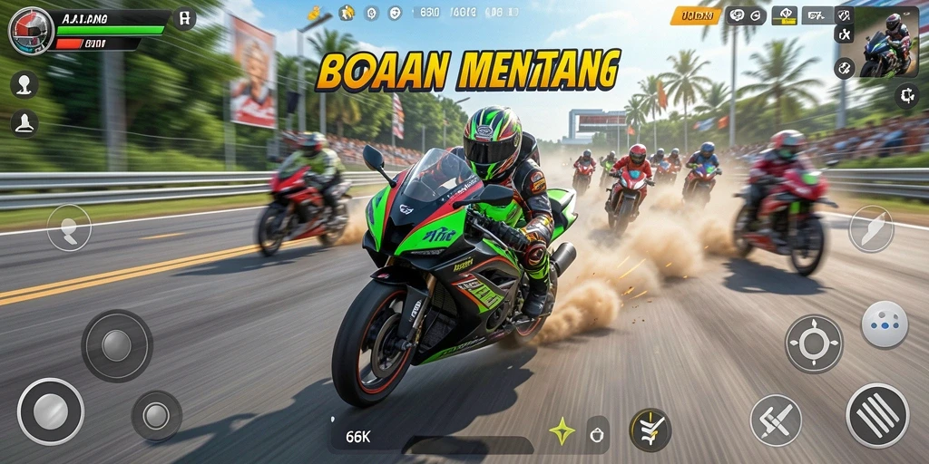 Menampilkan gameplay seru balapan motor di trek yang menantang.