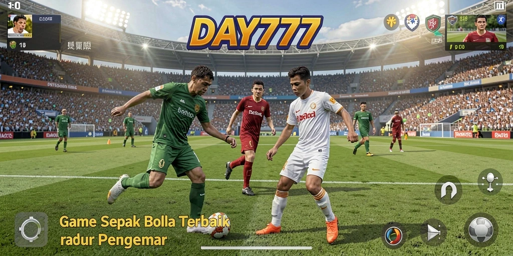 Screenshot utama DAY777 menampilkan aksi mendebarkan di lapangan sepak bola.