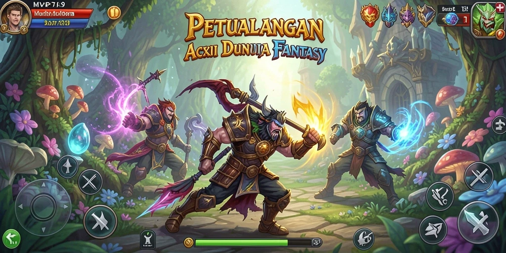 Screenshot utama MVP789 menampilkan pertempuran seru dengan berbagai karakter dan efek aksi.