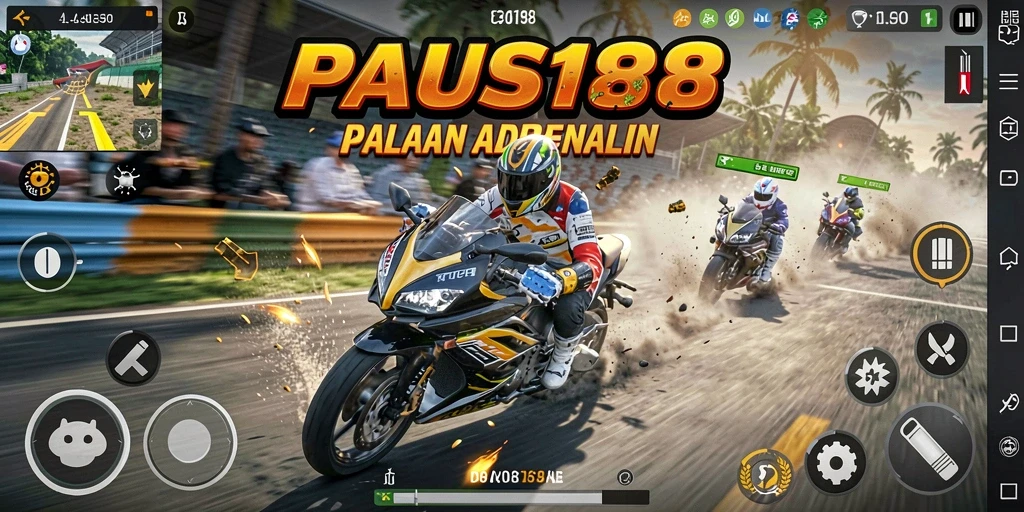 Screenshot utama PAUS188 memperlihatkan aksi balapan motor yang intens.