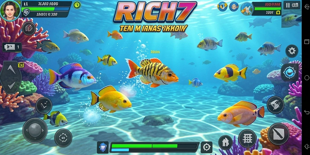 Screenshot gameplay RICH7 menampilkan aksi menangkap ikan yang menegangkan.
